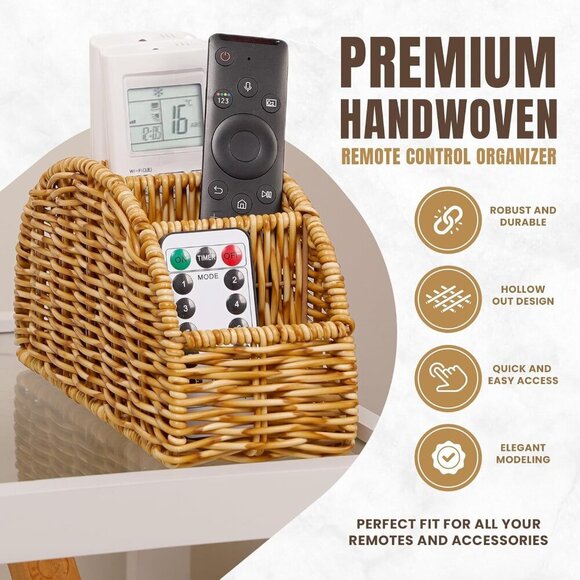 5-Compartment Remote Control Holder – Synthetic Rattan Organizer for TV Remotes, - Picture 2 of 8